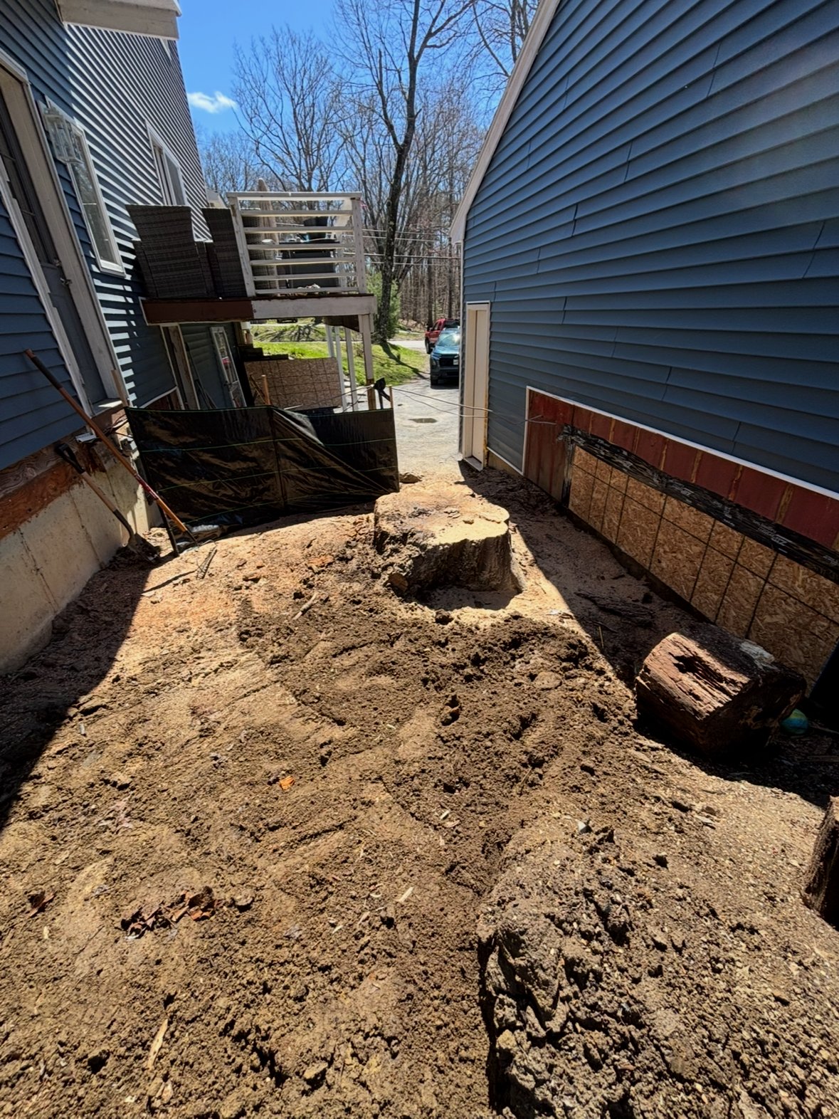 Large stump wedged between two houses before grinding